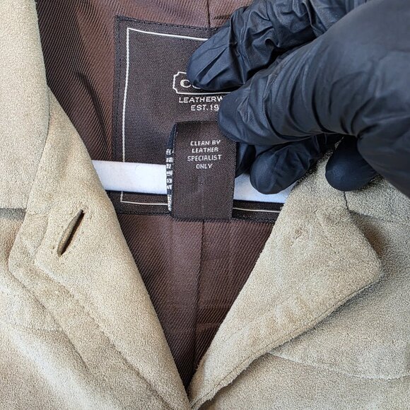 Coach Jacket Womens Medium Beige Suede Leather Button Front Lined Coat Pockets - Picture 11 of 16